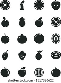Solid Black Vector Icon Set - strawberry vector, apple, pomegranate, quince, apricot, red, tasty, mulberry, water melon, half, tangerine, plum, juicy lemon, of kiwi, passion fruit, ripe pineapple