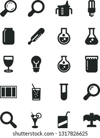 Solid Black Vector Icon Set - magnifier vector, measuring cup for feeding, mercury thermometer, e, window frame, bulb, a glass of soda, jam, round flask, light, jar, test tube, cocktail, restaurant