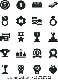 Solid Black Vector Icon Set - brick vector, cards, pedestal, coins, winner podium, prize, award, gold cup, first place medal, with pennant, ribbon, hero, star, diamond ring, bar, dollar coin, gear