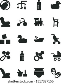 Solid Black Vector Icon Set - toys over the cradle vector, dummy, feeding bottle, measuring for, diaper, baby rattle, chair, car child seat, carriage, summer stroller, rubber duck, duckling, a