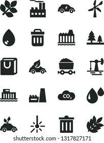 Solid Black Vector Icon Set - bin vector, drop, bag with handles, working oil derrick, wind energy, hydroelectric station, hydroelectricity, forest, industrial building, thermal power plant, eco car