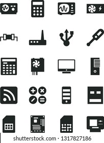 Solid Black Vector Icon Set - rss feed vector, electronic thermometer e, screen, math actions, SIM card, calculator, engineer, pc power supply, tower, motherboard, usb, router, oscilloscope, atm