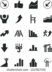 Solid Black Vector Icon Set - downward direction vector, growth up, line chart, positive histogram, a chair for feeding, tower crane, winch hook, ladder, left bottom arrow, right, bar, finger, man