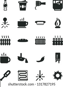 Solid Black Vector Icon Set - electronic thermometer vector e, heating coil, radiator, boiler, coffee, loaf, mini hot dog, noodles, cup of tea, coffee to go, a glass, bottle soda, red pepper, mercury