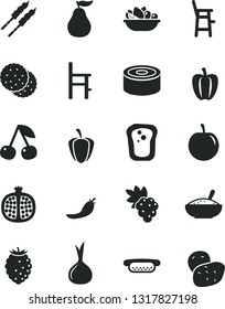 Solid Black Vector Icon Set - a chair for feeding vector, child, canned goods, mini hot dog, bowl of rice porridge, plate fruit, barbecue, biscuit, sandwich, cherry, half pomegranate, grape, plum