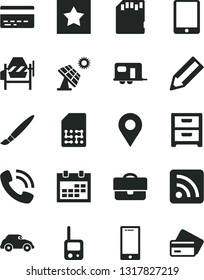 Solid Black Vector Icon Set - tassel vector, calendar, bank card, rss feed, toy phone, concrete mixer, smartphone, nightstand, big solar panel, retro car, SIM, location, portfolio, pencil, call, sd