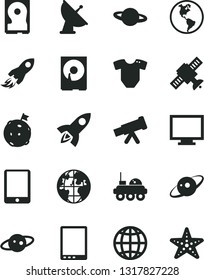 Solid Black Vector Icon Set - monitor vector, t short, earth, planet, space rocket, tablet pc, hdd, telescope, satellite, antenna, saturn, lunar rover, flag on moon, starfish