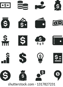 Solid Black Vector Icon Set - purse vector, dollar, coins, article on the, financial item, catch a coin, wallet, money, dollars, rain, pedestal, bag, column, idea, dialog, pin