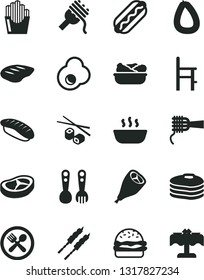 Solid Black Vector Icon Set - a chair for feeding vector, plastic fork spoons, stick of sausage, Hot Dog, burger, spaghetti, noodles, porridge, lettuce in plate, grill chicken leg, bacon, chop, egg