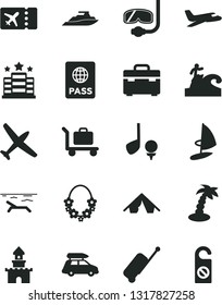 Solid Black Vector Icon Set - suitcase vector, passport, sand castle, plane, car baggage, ticket, rolling case, tent, beach, palm tree, hawaii wreath, diving mask, surfing, hotel, golf, yacht