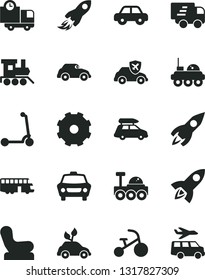 Solid Black Vector Icon Set - truck lorry vector, Baby chair, motor vehicle, toy train, tricycle, child Kick scooter, car, delivery, environmentally friendly transport, retro, autopilot, rocket, bus