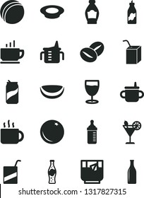 Solid Black Vector Icon Set - mug for feeding vector, measuring cup, bottle, bath ball, e, packing of juice with a straw, coffee, plate milk, beans, tea, glass, cocktail, soda can, orange, liquor