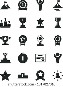 Solid Black Vector Icon Set - star vector, pedestal, medal, winner, podium, prize, award, cup, gold, reward, man hands up, motivation, mountain flag, first place, ribbon, certificate, stars around