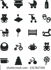Solid Black Vector Icon Set - baby cot vector, mug for feeding, bottle, diaper, bib, stroller, carriage, summer, sitting, stacking rings, children's potty, teddy bear, small, yule, rocking horse