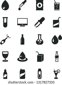 Solid Black Vector Icon Set - vector e, packing of juice with a straw, drop, screen, glass soda, can, bottle, liquor, flask, oil, test tube, pipette, champagne, cocktail