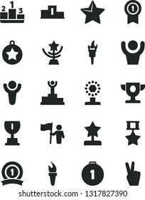 Solid Black Vector Icon Set - star vector, pedestal, flame torch, winner, podium, prize, award, cup, reward, medal, man hold flag, first place, with pennant, ribbon, hero, hands up, victory hand