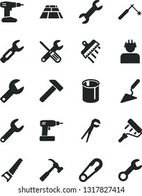 Solid Black Vector Icon Set - repair key vector, safety pin, building trowel, small tools, adjustable wrench, cordless drill, hand saw, paint roller, spatula, paving slab, hammer, with claw, builder