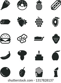 Solid Black Vector Icon Set - sausage vector, Hot Dog, big burger, mushroom, cake slice, birthday, glazed with a hole, grill chicken leg, fried potato slices, popcorn, strawberry, orange, large