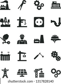 Solid Black Vector Icon Set - tower crane vector, builder, concrete mixer, adjustable wrench, sewerage, helmet, commercial seaport, solar panel, factory, battery, hydroelectric station, power line