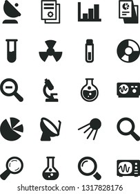 Solid Black Vector Icon Set - magnifier vector, zoom out, negative histogram, artificial satellite, round flask, radiation, dish, antenna, ring diagram, pie charts, statistical research, test tube