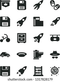 Solid Black Vector Icon Set - Floppy Disk Vector, Hat With Glasses, Camera Roll, Bedside Table, Tricycle, Child Shoes, Abacus, Plate, Modern Gas Station, Retro Car, Vintage Sign, Rocket, Space