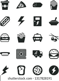 Solid Black Vector Icon Set - lightning vector, dangers, car, sausage, pizza, piece of, Hot Dog, mini, big burger, a bowl buckwheat porridge, French fries, fried potato slices, Chinese chopsticks