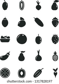 Solid Black Vector Icon Set - lettuce in a plate vector, cucumber, beet, pineapple, pear, raspberry, tasty, mulberry, delicious plum, passion fruit, sweet date, yellow lemon, half of, tamarillo