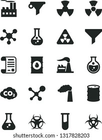 Solid Black Vector Icon Set - round flask vector, manufacture, factory, oil, barrel, industrial building, radiation, carbon dyoxide, filter, water, research article, test tube, molecule, nuclear