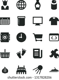 Solid Black Vector Icon Set - monitor vector, grocery basket, powder, footprints, wall clock, earth, address book, T shirt, artificial satellite, jam, bottle, garlic, industrial factory, cart, king