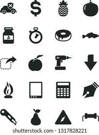 Solid Black Vector Icon Set - downward direction vector, cordless drill, stationery knife, move right, cake with a hole, small fish, jar of jam, pear, ripe peach, pineapple, persimmon, autopilot