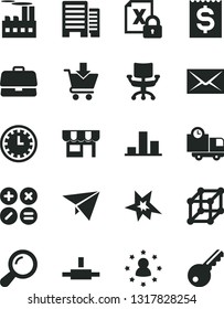 Solid Black Vector Icon Set - envelope vector, clock face, buildings, put in cart, delivery, kiosk, math actions, industrial building, briefcase, chart, financial item, encrypting, connect, chair