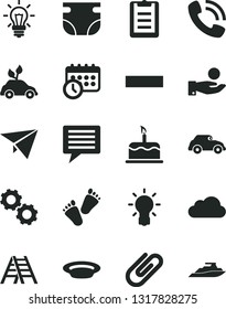 Solid Black Vector Icon Set - image of thought vector, minus, nappy, children's tracks, ladder, cake, clip, plate, environmentally friendly transport, retro car, catch a coin, light bulb, phone call