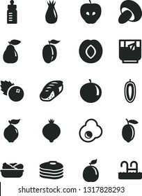 Solid Black Vector Icon Set - feeding bottle vector, porcini, lettuce in a plate, sushi, glass of tea, fried egg, blueberries, pancakes, quince, pear, tasty apple, plum, rose hip, medlar, tangerine