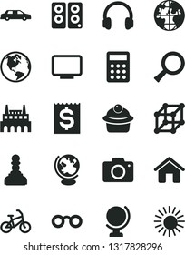 Solid Black Vector Icon Set - camera vector, house, globe, muffin, industrial factory, planet, financial item, calculator, monitor, headphones, pc speaker, glasses, zoom, 3d cube, pawn, limousine