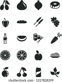 Solid Black Vector Icon Set - loaf vector, onion, cake with a hole, barbecue, sushi set, soda can, bottle of, apple, cherry, grape, cornels, fig, medlar, blueberry, half orange, slice lemon, carrot