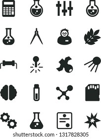 Solid Black Vector Icon Set - artificial satellite vector, round flask, mercury thermometer, sd card, test tube, molecule, brain, gears, settings, scientist, calculator, drawing compass, biology