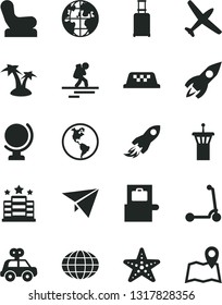 Solid Black Vector Icon Set - Baby chair vector, motor vehicle present, child Kick scooter, globe, planet Earth, rocket, space, paper plane, taxi, backpacker, airport tower, rolling suitcase, hotel