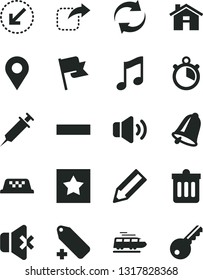 Solid Black Vector Icon Set - house vector, renewal, minus, add label, bell, dust bin, left bottom arrow, music, flag, volume, no sound, move right, location, pencil, syringe, stopwatch, star, train