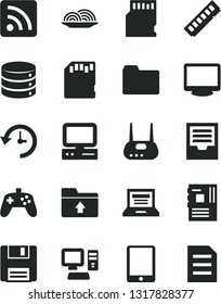 Solid Black Vector Icon Set - laptop vector, folder, rss feed, archive, upload, big data, onion, computer, tablet pc, motherboard, memory, monitor, router, floppy, joystick, sd card, history, file