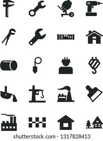 Solid Black Vector Icon Set - house vector, repair key, dwelling, hook, concrete mixer, adjustable wrench, cordless drill, building level, ceramic tiles, plummet, putty knife, factory, industrial