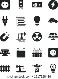 Solid Black Vector Icon Set - matte light bulb vector, power socket type b, heating coil, radiator, new, boiler, solar panel, oil derrick, working, accumulator, pole, electric plug, radiation hazard