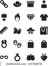 Solid Black Vector Icon Set - paper bag vector, spectacles, hat, with glasses, comb, warm socks, shoes for little children, winter, handles, T shirt, cloth industry, purse, diamond, ring, gold