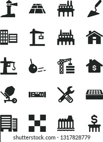 Solid Black Vector Icon Set - house vector, tower crane, building trowel, concrete mixer, small tools, level, buildings, city block, tile, brick, paving slab, core, hydroelectricity, enterprise