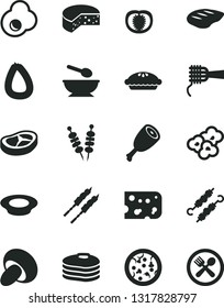 Solid Black Vector Icon Set - deep plate with a spoon vector, stick of sausage, piece cheese, fried vegetables on sticks, pizza, noodles, porcini, pie, milk, chicken thigh, bacon, chop, barbecue