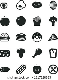 Solid Black Vector Icon Set - sausage vector, piece of cheese, pizza, Hot Dog, burger, mushroom, glazed cake with a hole, chicken leg, cabbage, meat, French fries, fried egg, pancakes, sandwich