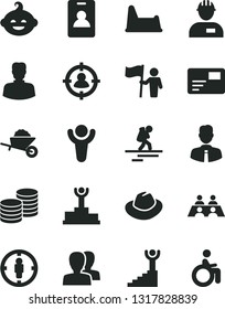 Solid Black Vector Icon Set - women vector, hat, potty chair, funny hairdo, workman, garden trolley, employee, pass card, coins, woman, man in sight, goal, conversation, winner, podium, stairway