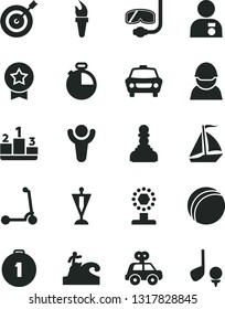 Solid Black Vector Icon Set - bath ball vector, motor vehicle present, child Kick scooter, timer, car, pedestal, racer, flame torch, winner, cup, pawn, man with medal, pennant, target, first place