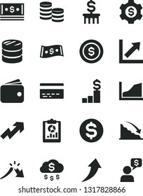 Solid Black Vector Icon Set - bank card vector, growth up, chart, coins, column of, recession, a crisis, statistical overview, dollar, wallet, cash, graph, arrow, money rain, coin, pedestal, gear