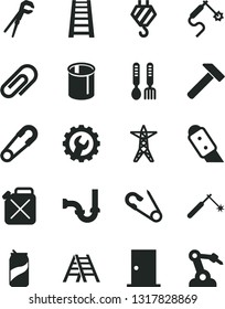 Solid Black Vector Icon Set - clip vector, safety pin, open, iron fork spoons, hook, adjustable wrench, stepladder, ladder, sewerage, ntrance door, gear, knife, hammer, soda can, power line, pipes