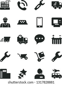 Solid Black Vector Icon Set - repair key vector, builder, building trolley, speech, smartphone, delivery, phone call, shipment, modern gas station, battery, steel, dispatcher, urgent cargo